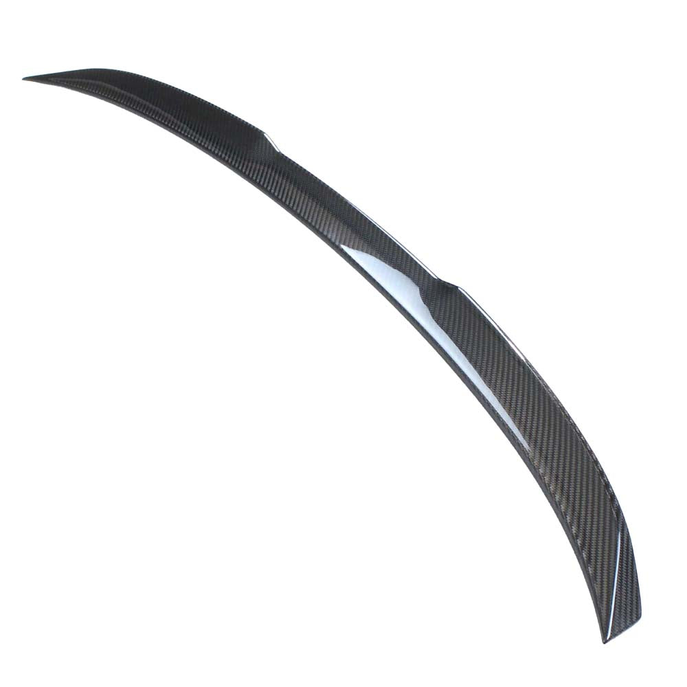 BMW M3 G80 G20 carbon fibre spoiler by CT Carbon, stylish MP style rear spoiler on black car, close-up shot.
