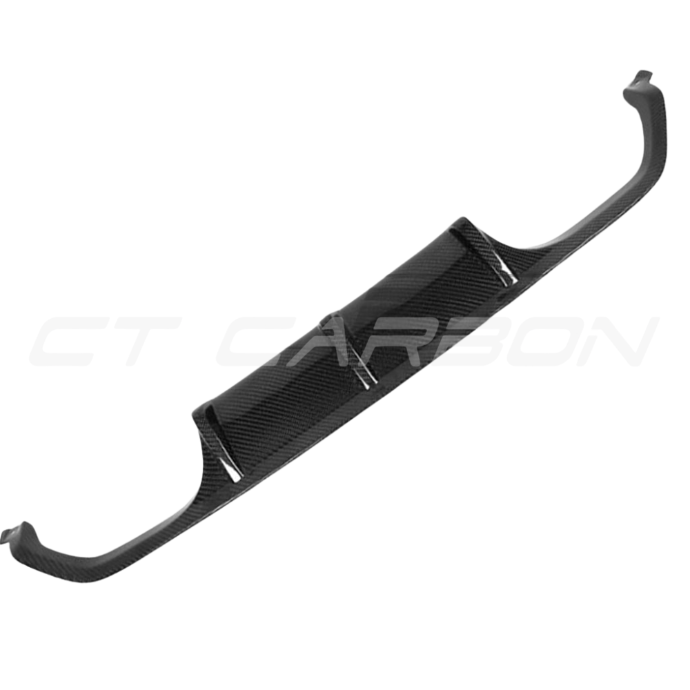 BMW M3 M4 F80 F82 F83 carbon fiber diffuser by CT Carbon, front view showcasing sleek V1 design and textured finish.