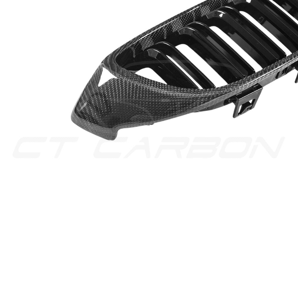 BMW M3 M4 F80 F82 F83 carbon fiber front grille by CT Carbon, showcasing sleek, lightweight design with detailed carbon fiber weave.