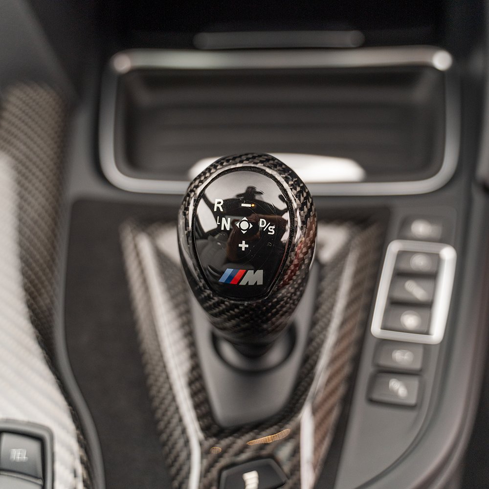 BMW M3/M4 F80/F82/F83/F87 ALCANTARA and carbon shifter surround for right-hand drive, interior car accessories by CT Carbon.