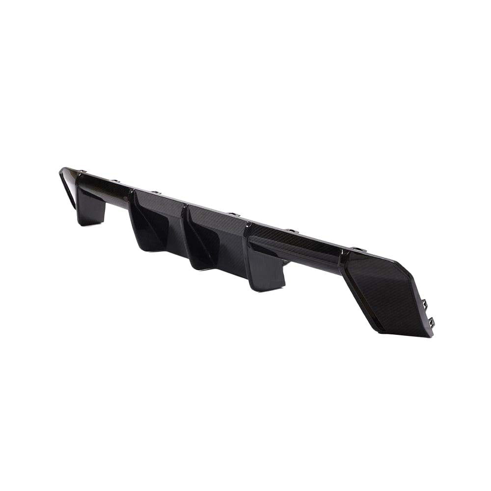 BMW M3 M4 G80 G81 G82 G83 CT Carbon fiber diffuser V2, sporty car diffuser with carbon fiber finish, front view showing sleek design.