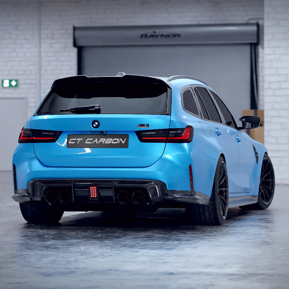 BMW M3/M4 G80/G81/G82/G83 carbon fiber diffuser with integrated LED lights, designed by CT Carbon for enhanced aerodynamics.