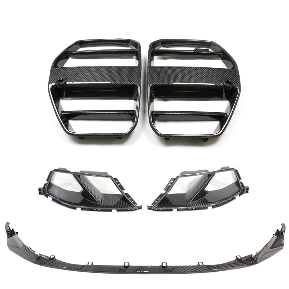 BMW M3 M4 G80 G81 G82 G83 CT Carbon front end pack with carbon fibre components, showcasing the sleek, aerodynamic design.