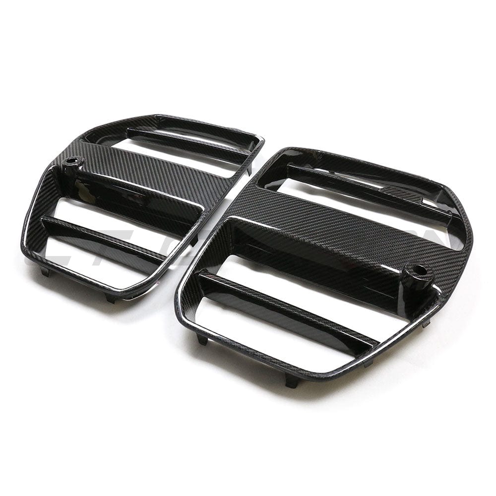 BMW M3 M4 G80 G82 G83 carbon fiber front end pack by CT Carbon, includes grille without accessories, sleek carbon fiber design.