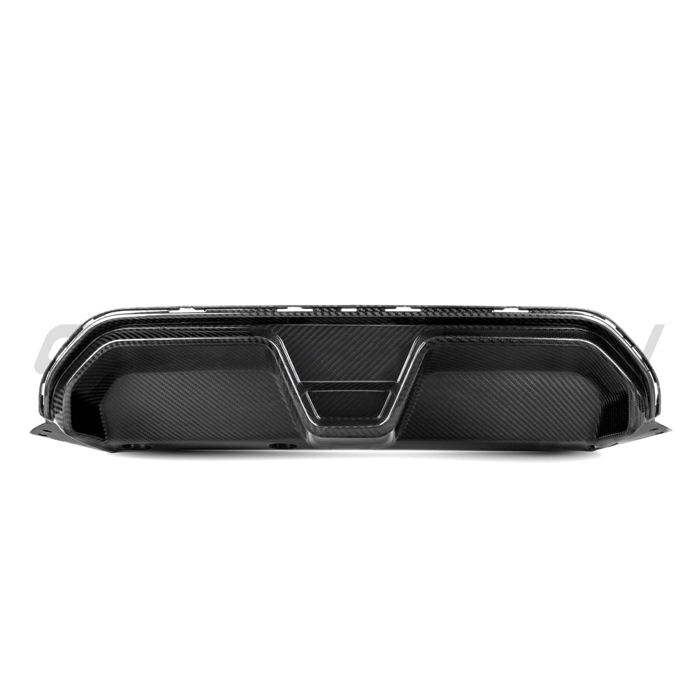 BMW M5 F90 2018-2024 CT Carbon pre-preg carbon fibre diffuser with CS style design, installed on the rear bumper.