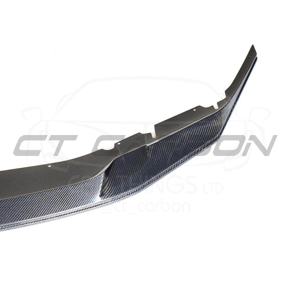 BMW M5 F90 2017-2020 CT Carbon GTS-style carbon fibre splitter installed on front bumper, enhancing sporty appearance.