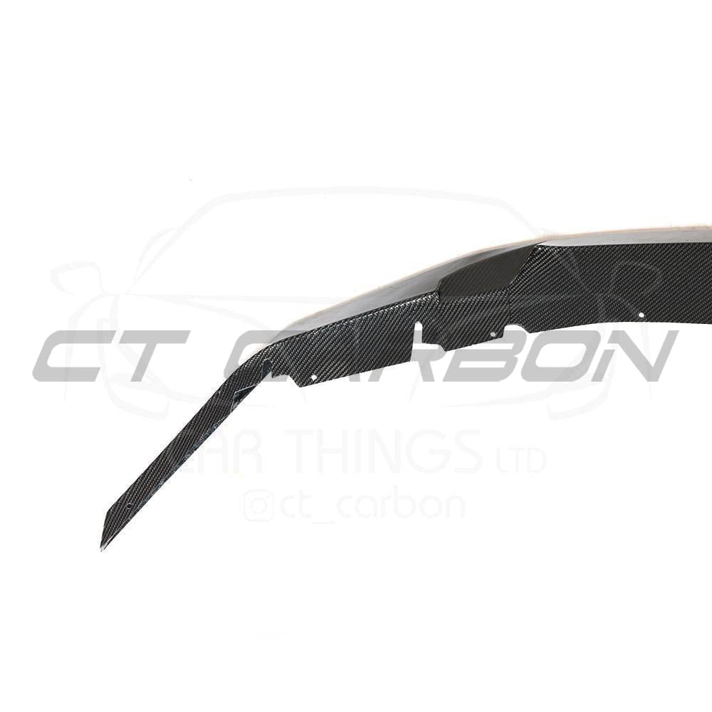 BMW M5 F90 2017-2020 CT Carbon GTS-style carbon fibre splitter front view on vehicle.