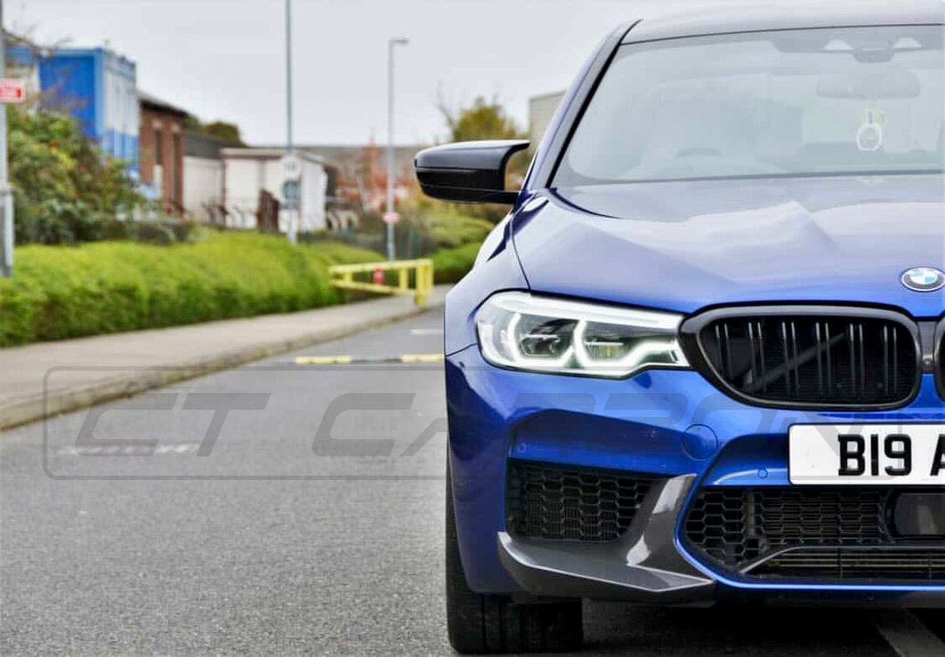 BMW M5 F90 2017-2020 CT Carbon fiber splitter corners, MP style, designed for enhanced aerodynamics and sporty look.