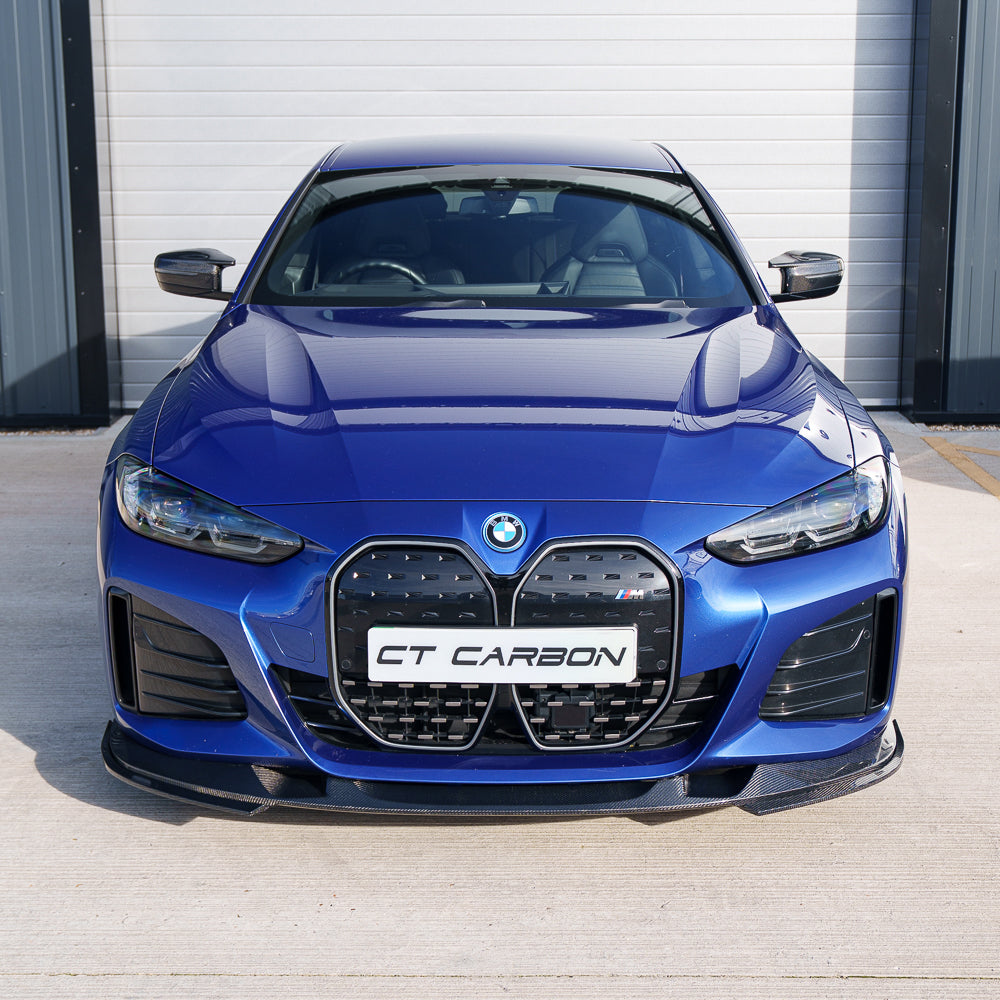 BMW 4 Series G26 and i4 carbon fibre splitter by CT Carbon, with aerodynamic design and glossy finish.