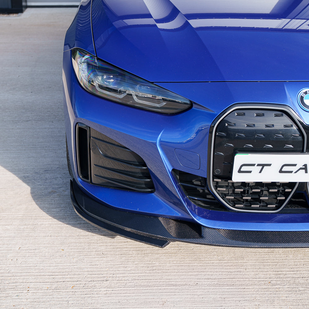 BMW 4 Series G26 and i4 carbon fibre splitter by CT Carbon, V2, featuring sleek design and aerodynamic performance.