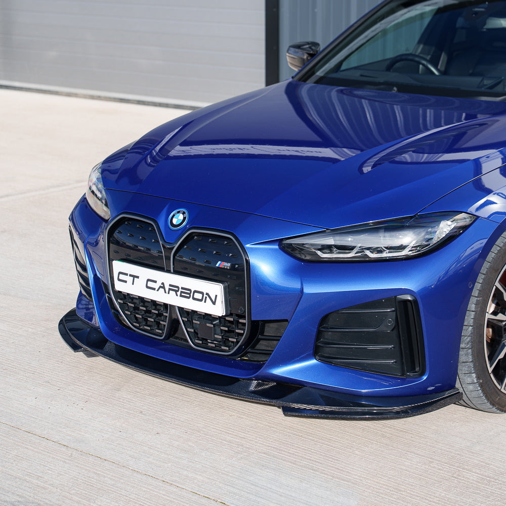 BMW 4 Series G26 and i4 carbon fibre splitter by CT Carbon, front view showing sleek V2 diffuser design.
