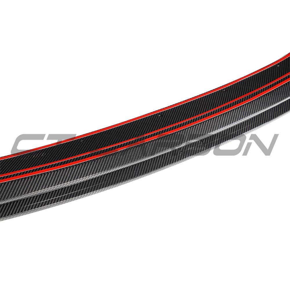 Carbon fiber splitter for VW Golf MK8.5 R 2024+ by CT Carbon, showcasing its sleek, aerodynamic design on the car's front bumper.