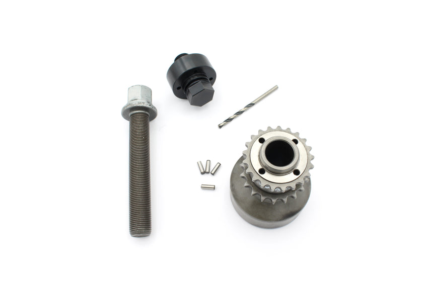 MMX Performance crank hub with 4 pinned design for BMW S55 and N55 engine upgrade, shown with metal construction and mounting points.