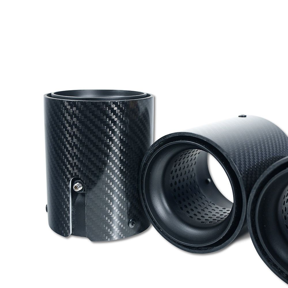 Set of four matte black carbon fiber exhaust tips for BMW F90/F92 M5 by CT Carbon, showcasing sleek, aerodynamic design.