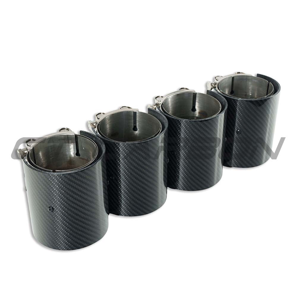 Set of four CT Carbon chrome straight cut exhaust tips for BMW M2, M3, M4 G87/G80/G81/G82/G83 models, made of carbon and chrome.