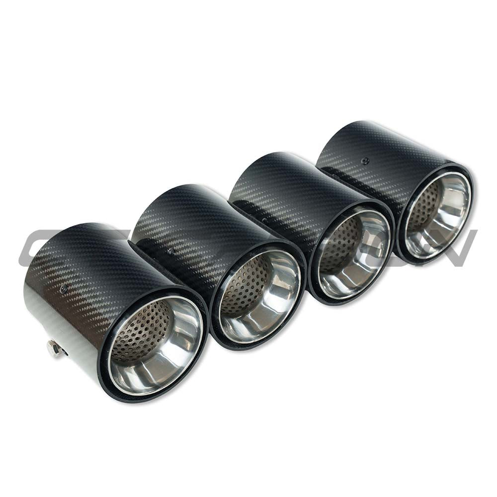 Set of four CT Carbon BMW M2, M3, M4 G87 G80 G81 G82 G83 carbon exhaust tips with chrome straight cut finish.