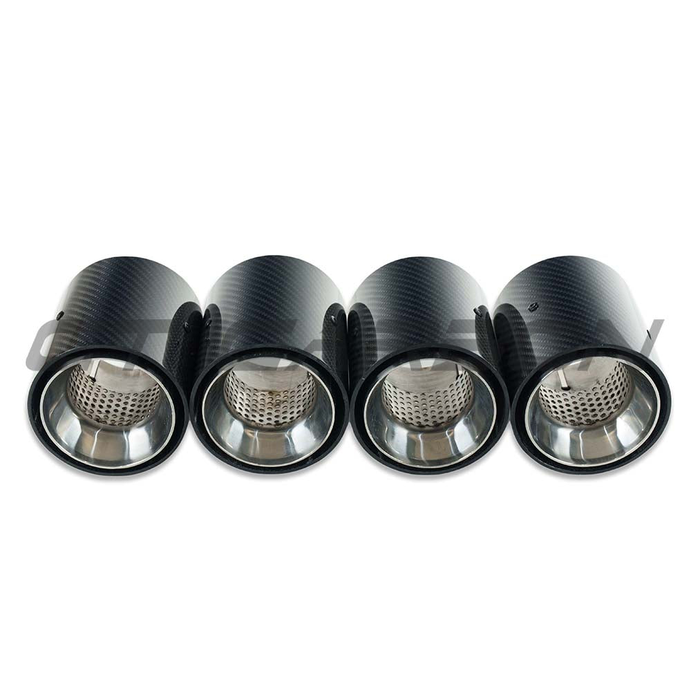 Set of four CT Carbon chrome straight cut exhaust tips for BMW M2, M3, M4 G87/G80/G81/G82/G83 carbon fiber finish.