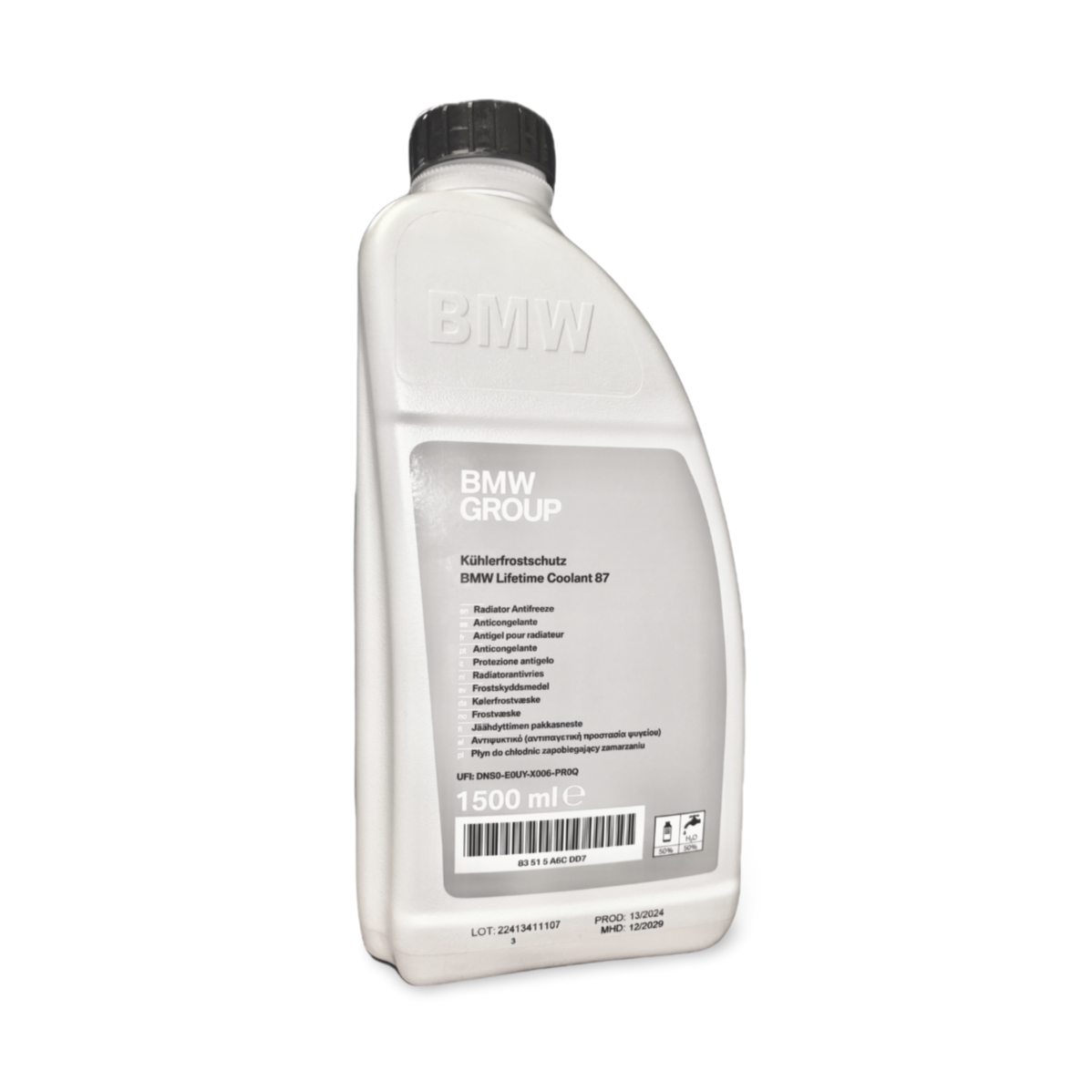 Genuine BMW blue coolant antifreeze bottle, 1.5L, with label showing BMW branding and product details.