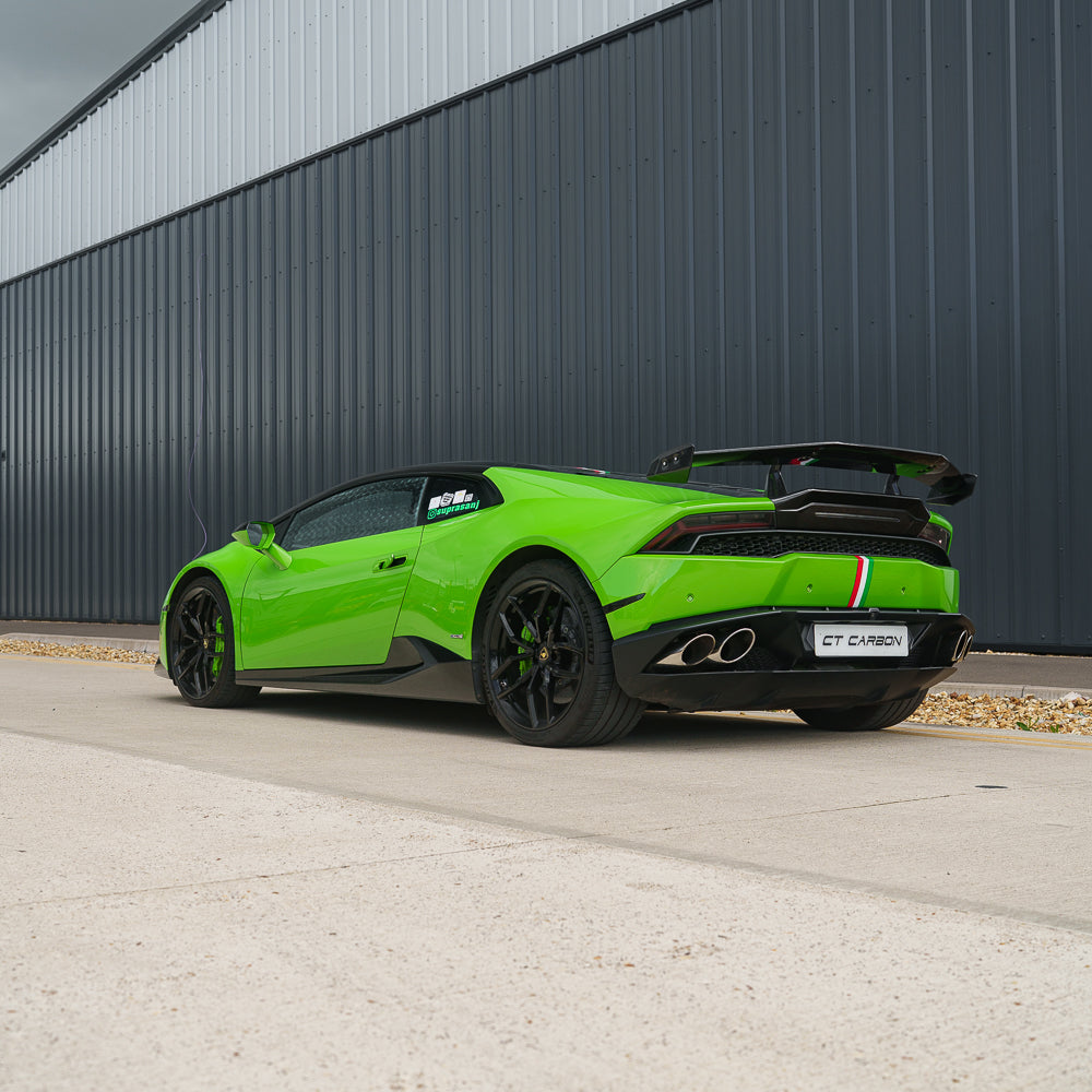 CT Carbon Lamborghini Huracan LP-580/LP-610 EVO spoiler with carbon fibre finish, mounted on the car's rear for aerodynamic enhancement.