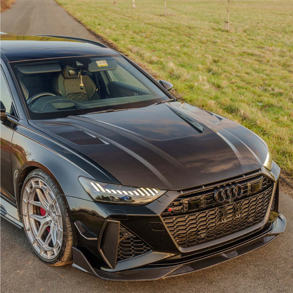 CT Carbon Audi RS6 C8 2019+ full carbon fibre front end kit showing detailed carbon fiber components and sleek design.