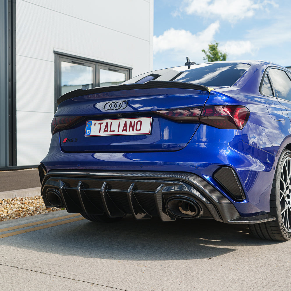 Full view of CT Carbon Audi RS3 8Y 2025+ facelift saloon with full carbon fibre body kit, showcasing sleek design and high-quality materials.