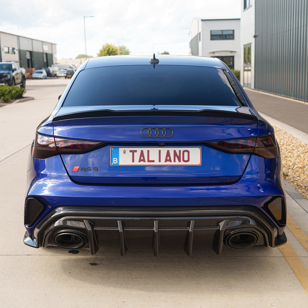 Full car carbon fiber kit for Audi RS3 8Y 2025+ facelift saloon by CT Carbon, showing front bumper, side skirts, and rear diffuser.