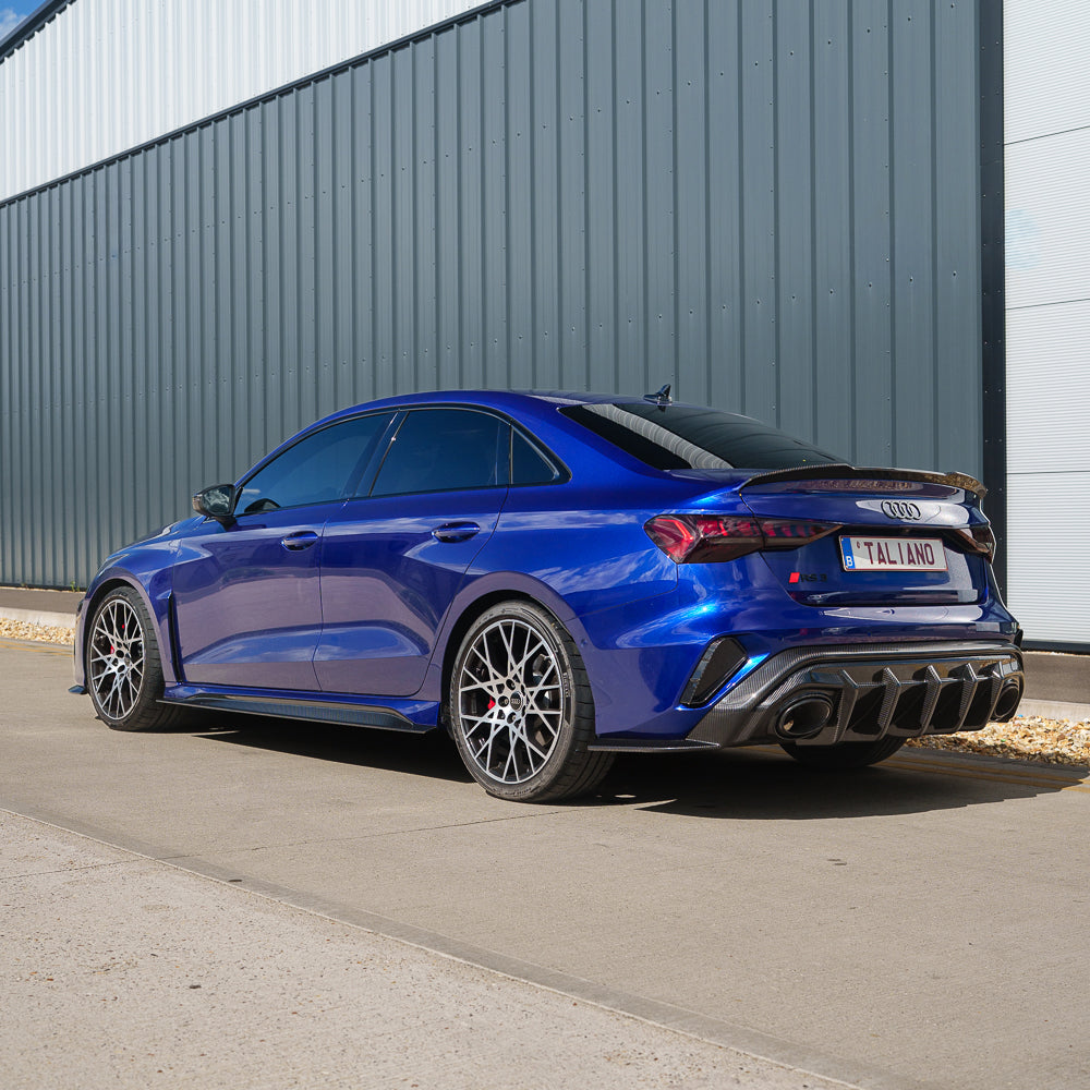 Full carbon fibre kit for Audi RS3 8Y 2025+ facelift saloon by CT Carbon, featuring detailed close-up of carbon fibre components.
