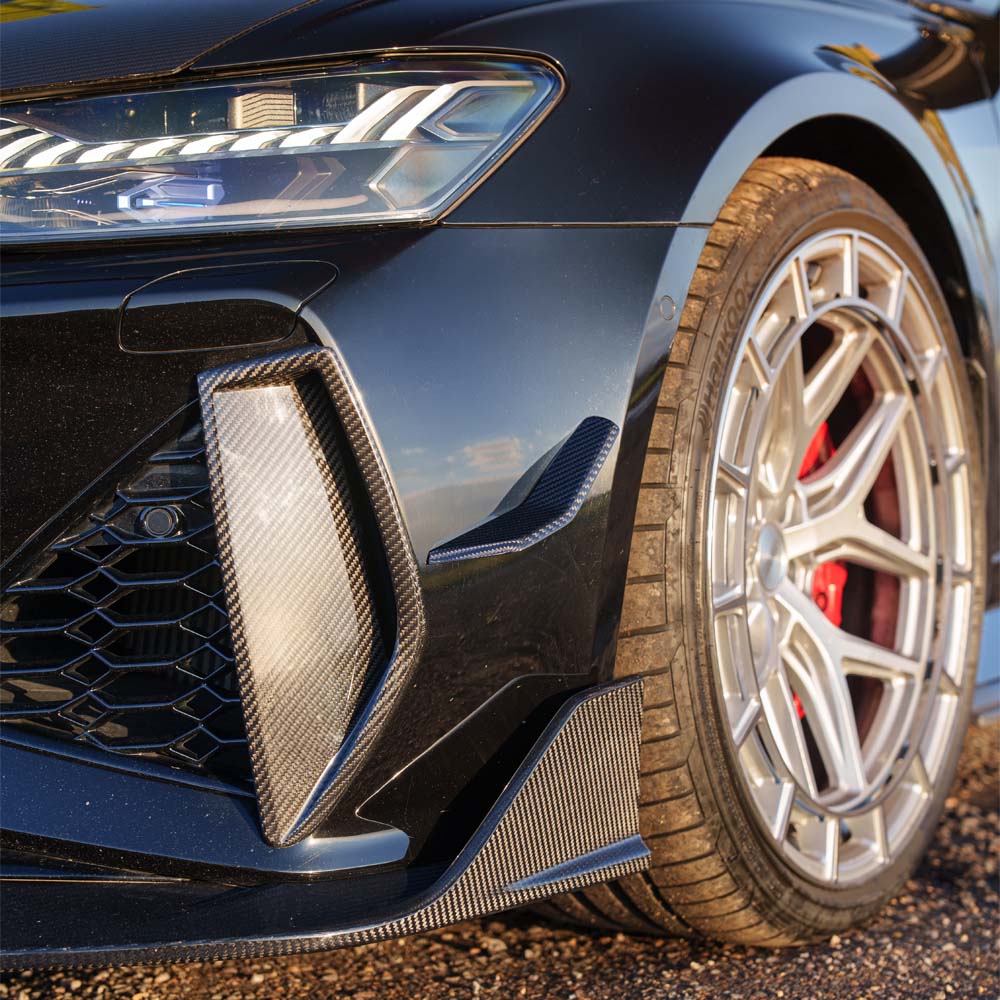 Audi RS6 C8 2019+ full carbon fiber front end kit by CT Design, featuring sleek carbon fiber components on a modern car.