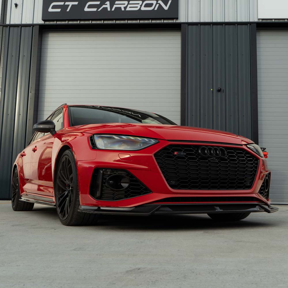 CT Carbon RS4 B9.5 carbon fibre kit installed on a vehicle, showcasing sleek, high-quality carbon fibre components for the Audi RS4 B9.5.