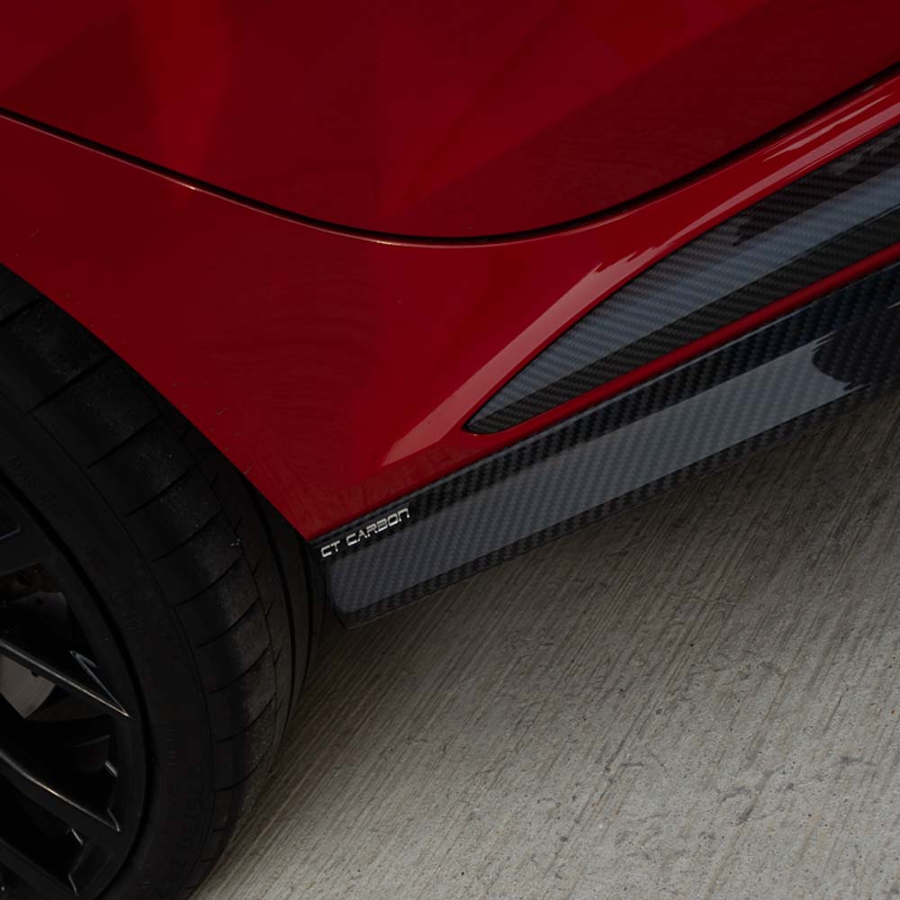 Audi RS4 B9.5 carbon fiber kit by CT Carbon, featuring sleek carbon fiber components and detailed close-up of the kit.