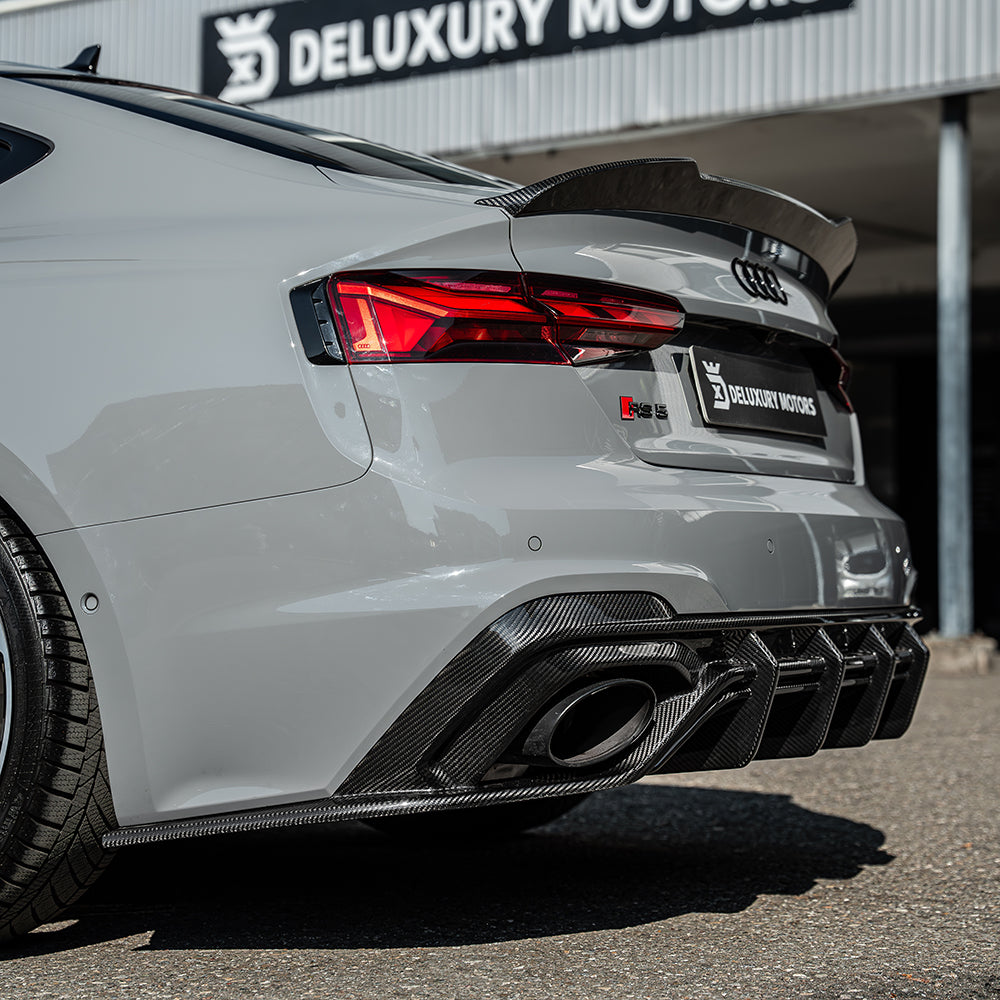 Carbon fibre spoiler for Audi A5/S5/RS5 B9.5 Sportback 2016-2024 by CT Carbon, shown installed on vehicle rear.