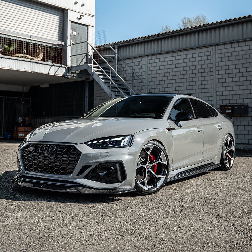 Full car view of a 2020-2024 Audi RS5 B9.5 Sportback with CT Design full carbon fiber kit, showcasing sporty exterior details.