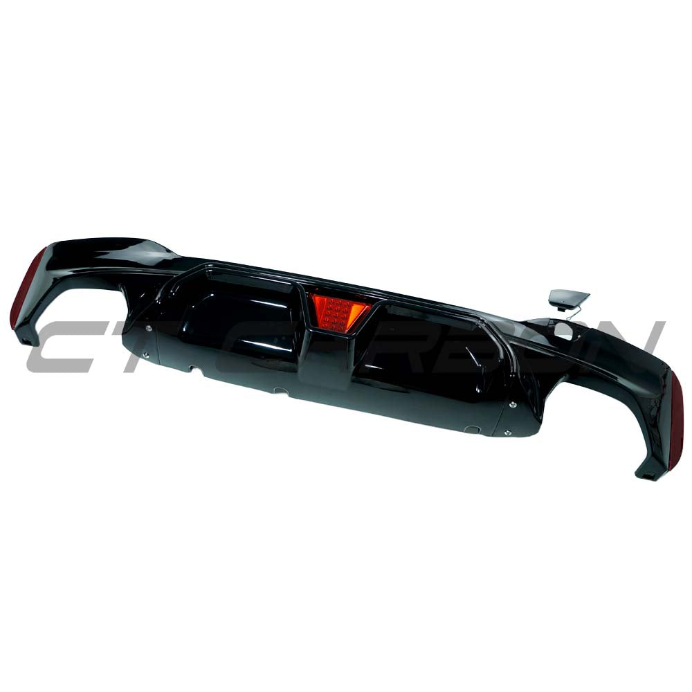 BMW G30 G38 5 Series 2016-2020 CT Carbon gloss black dual exhaust diffuser with LED lights, showcasing the sleek automotive upgrade.