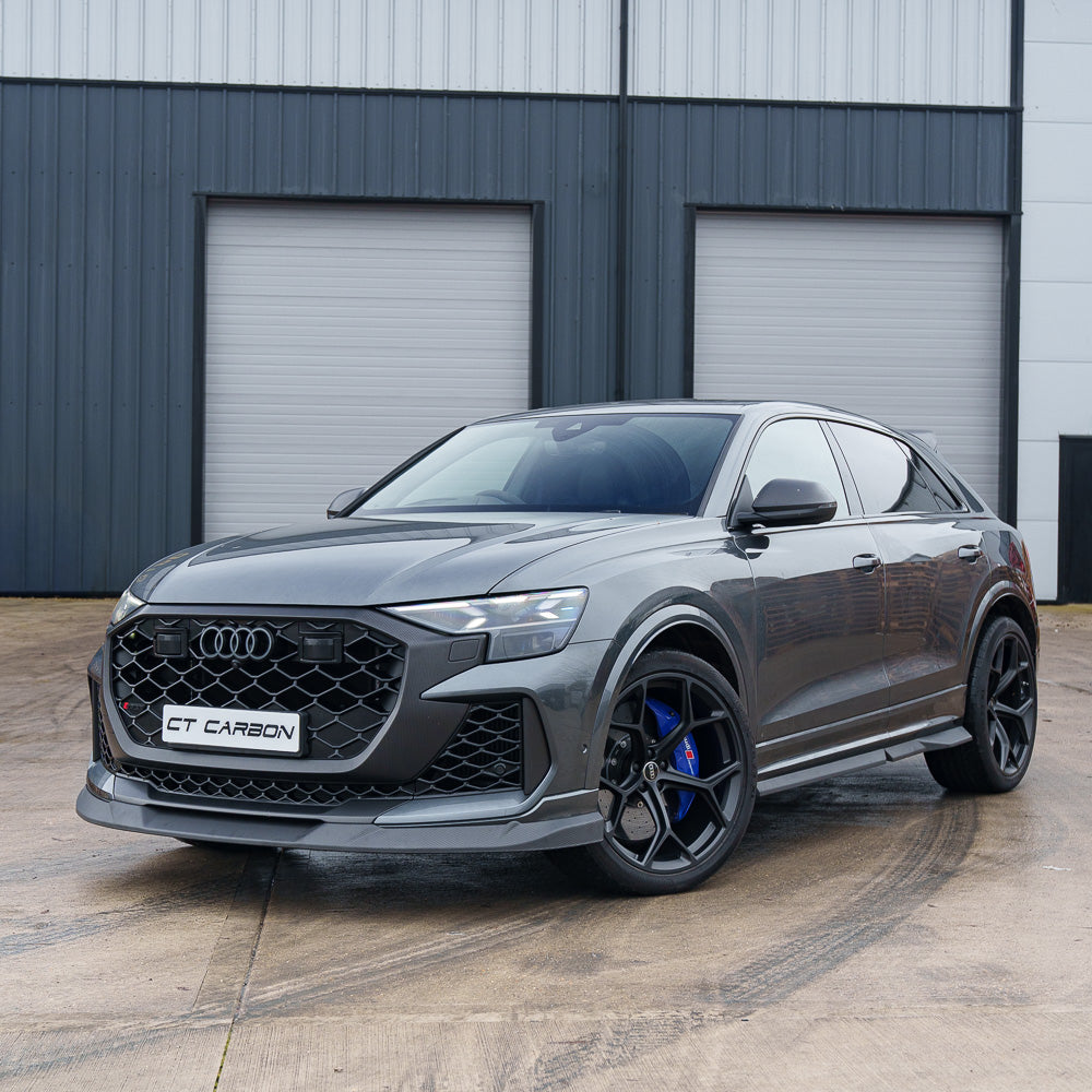 CT Carbon Audi RSQ8 Facelift 2025+ carbon fibre splitter installed on front bumper, showcasing sleek, lightweight aerodynamic design.