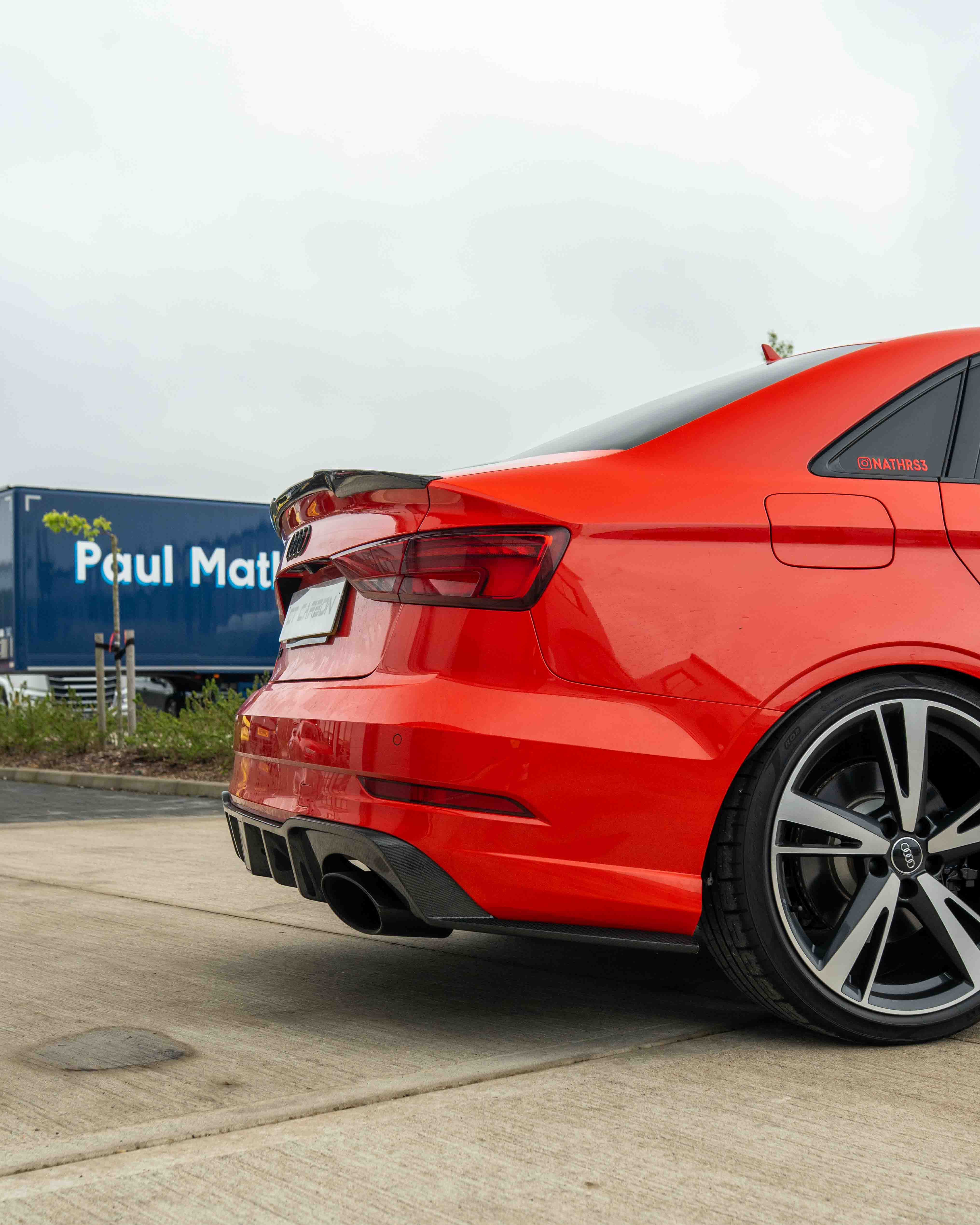 Carbon fibre spoiler for Audi A3 S3 RS3 8V saloon by CT Carbon, shown installed on the rear of the vehicle.