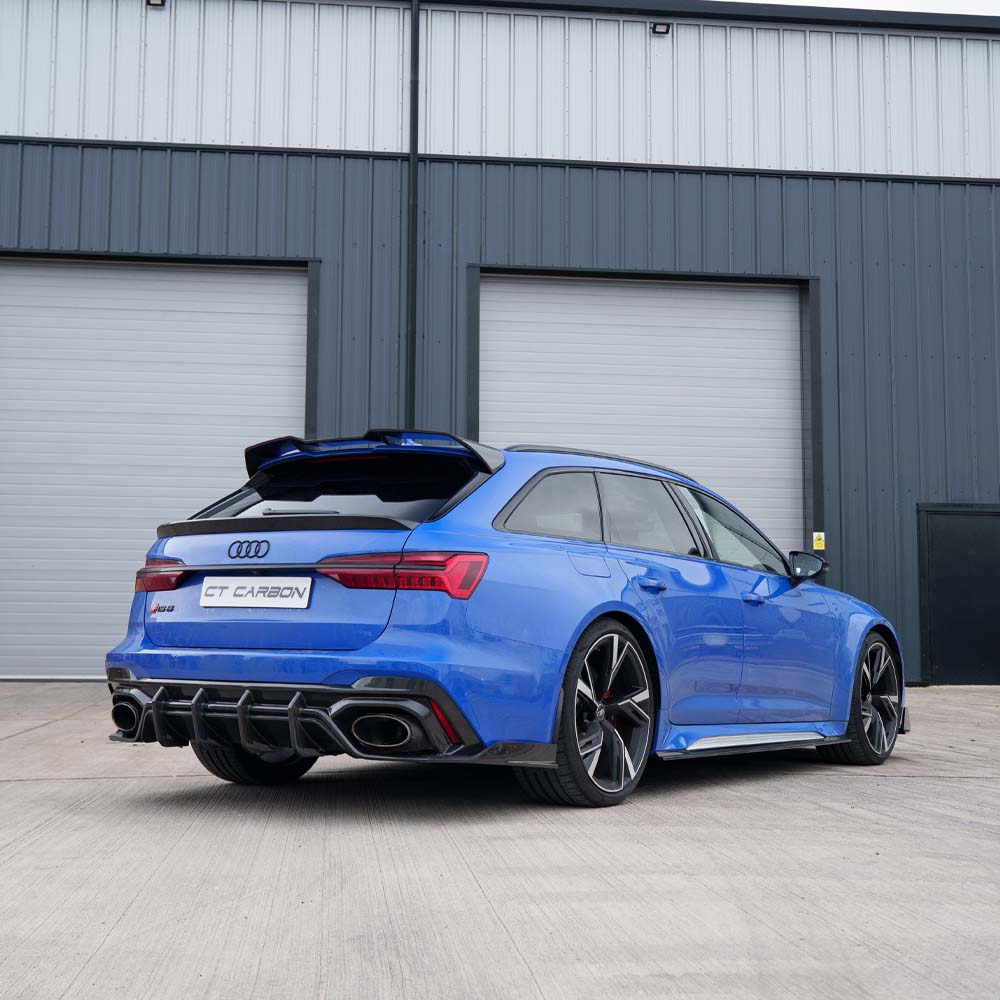 Audi RS6 C8 2019+ CT Design full carbon fiber rear end kit, featuring sleek carbon fiber components on a modern vehicle.