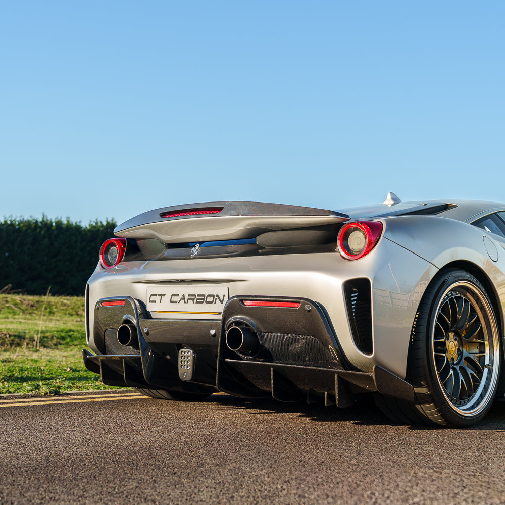 CT Carbon Ferrari 488 Pista carbon fibre spoiler, showcasing sleek aerodynamic design and high-quality craftsmanship.