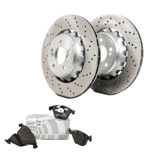 Genuine BMW E82 E90 E92 E93 M3 front brake discs and pads set, showing close-up of new brake components on a vehicle.