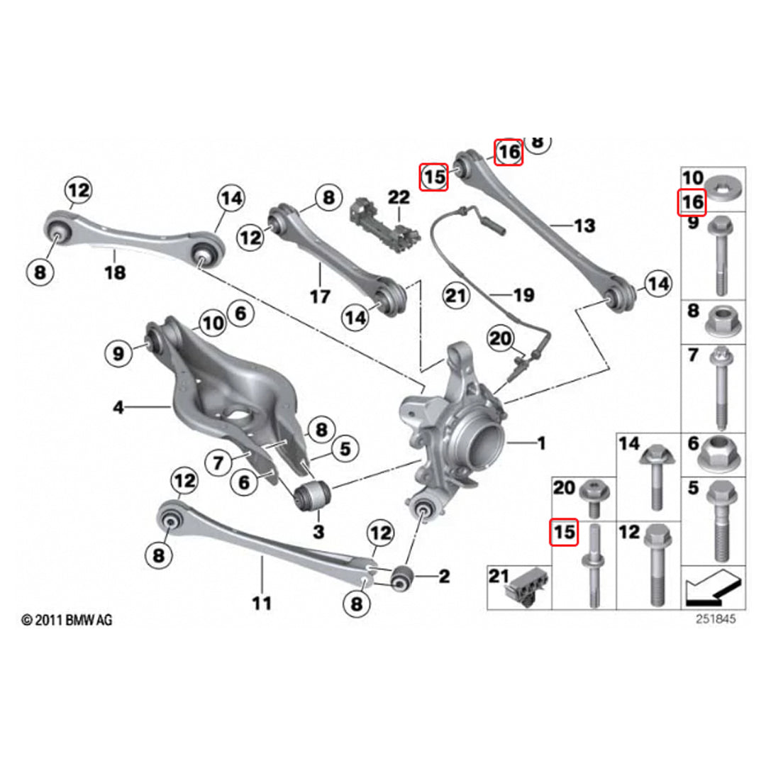 BMW M340i M440i F3X rear toe lockout shims installed on suspension for alignment, showing precise placement and vehicle components.