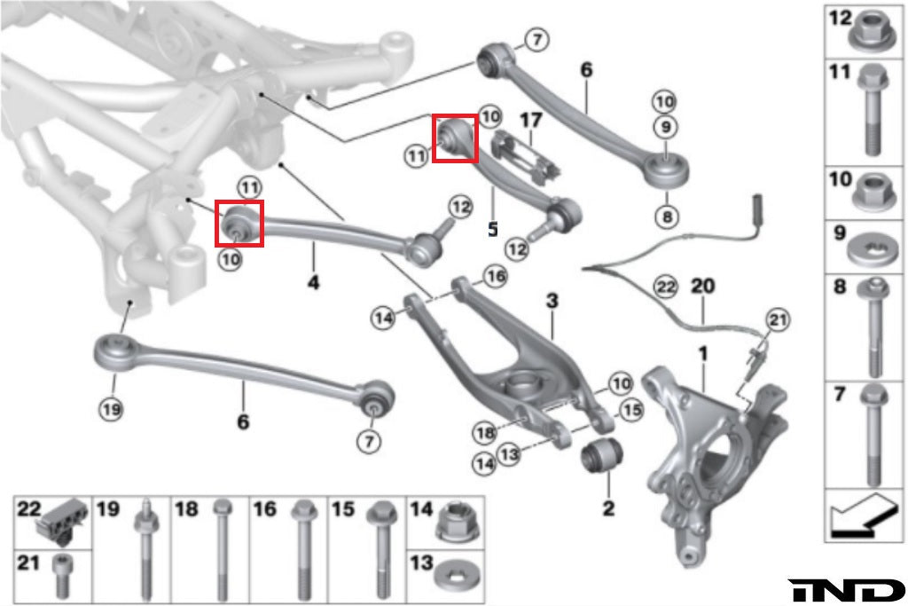 Fall Line rear upper control arm bearing set for G8x and F8x M2, M3, M4 models, showing the bushings and metal components.
