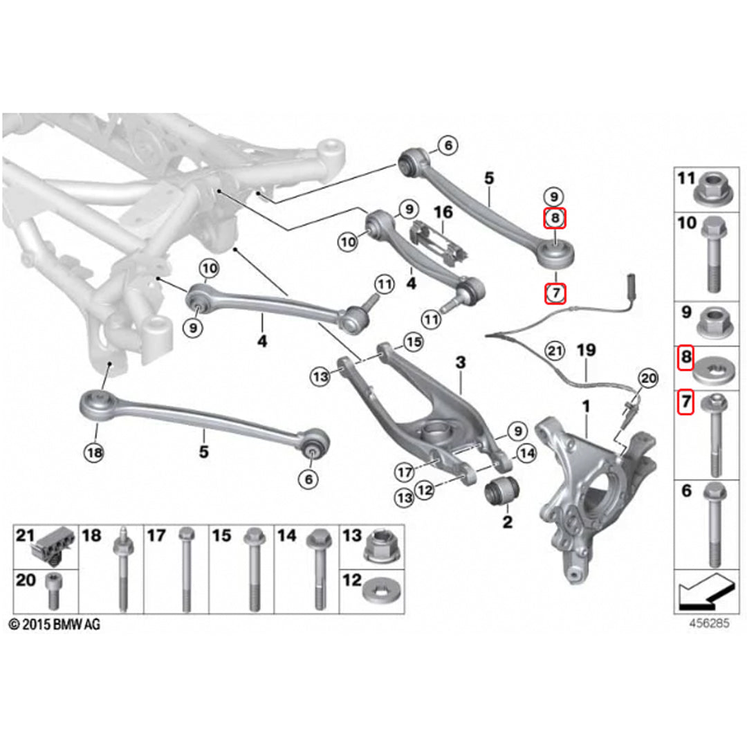 BMW M2 M3 M4 F8X G8X rear toe lockout shims installed on suspension alignment arms, showing shim placement for precise adjustment.