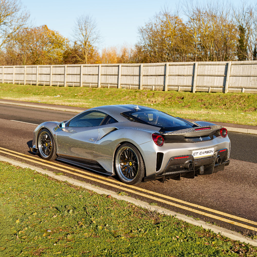 Ferrari 488 Pista carbon fibre kit by CT Carbon, showing close-up of sleek carbon fibre components on the sports car.
