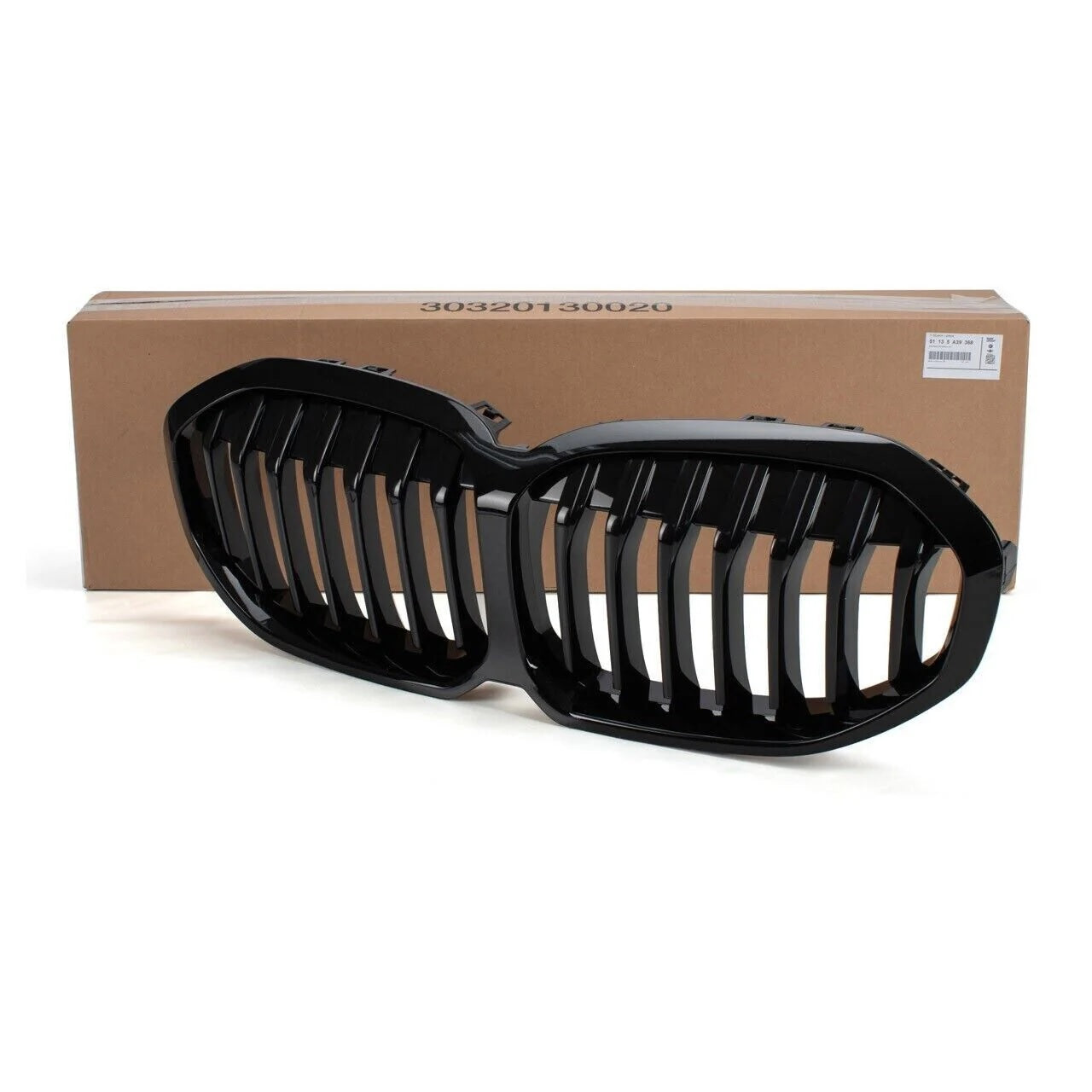 Genuine BMW 1 Series F40 gloss black front grille with BMW logo and honeycomb design, for vehicle front end.