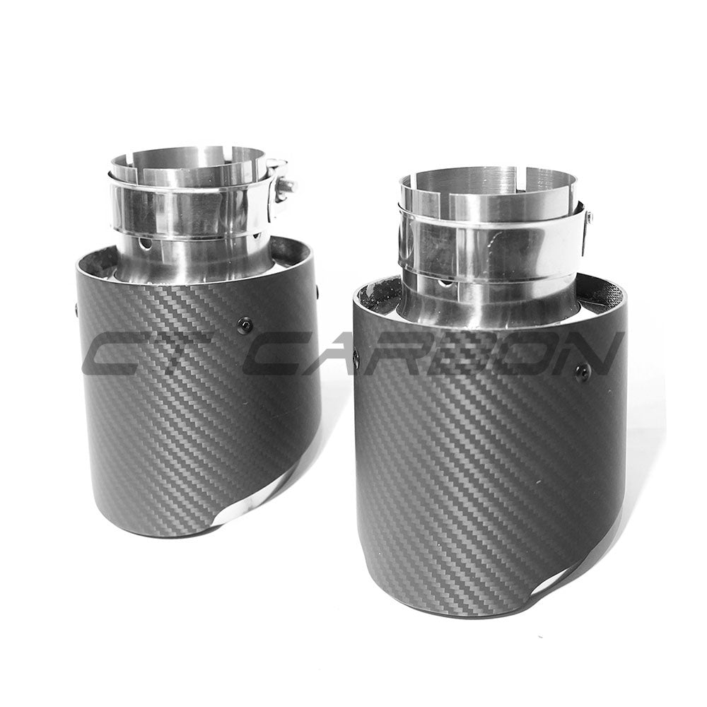Hyundai i30N carbon fiber exhaust tips by CT Carbon, showcasing sleek, polished finish and modern design for enhanced vehicle style.