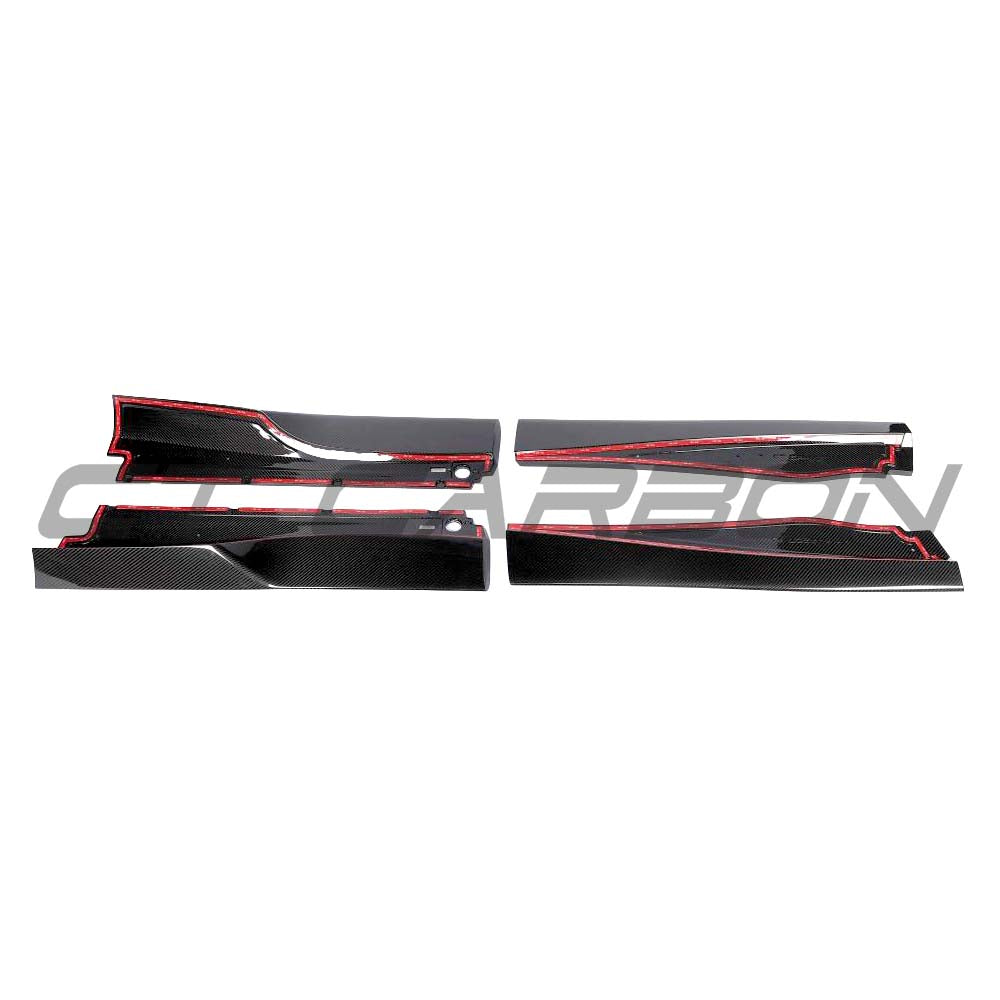 CT Carbon McLaren 750S 2023 side skirts in carbon fibre, displayed on the car's side profile with sleek, aerodynamic design.