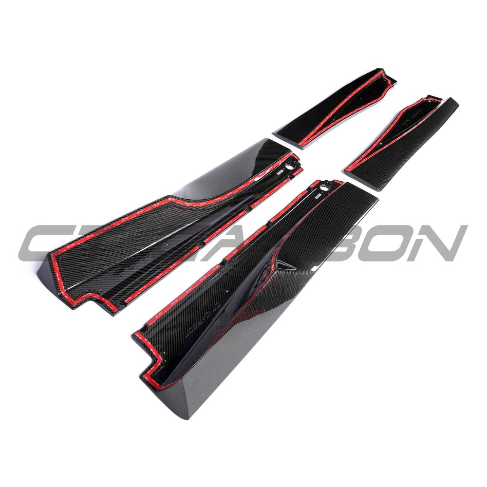 Carbon fiber side skirts for McLaren 750S 2023 by CT Carbon, showcasing sleek, lightweight automotive styling in the image.