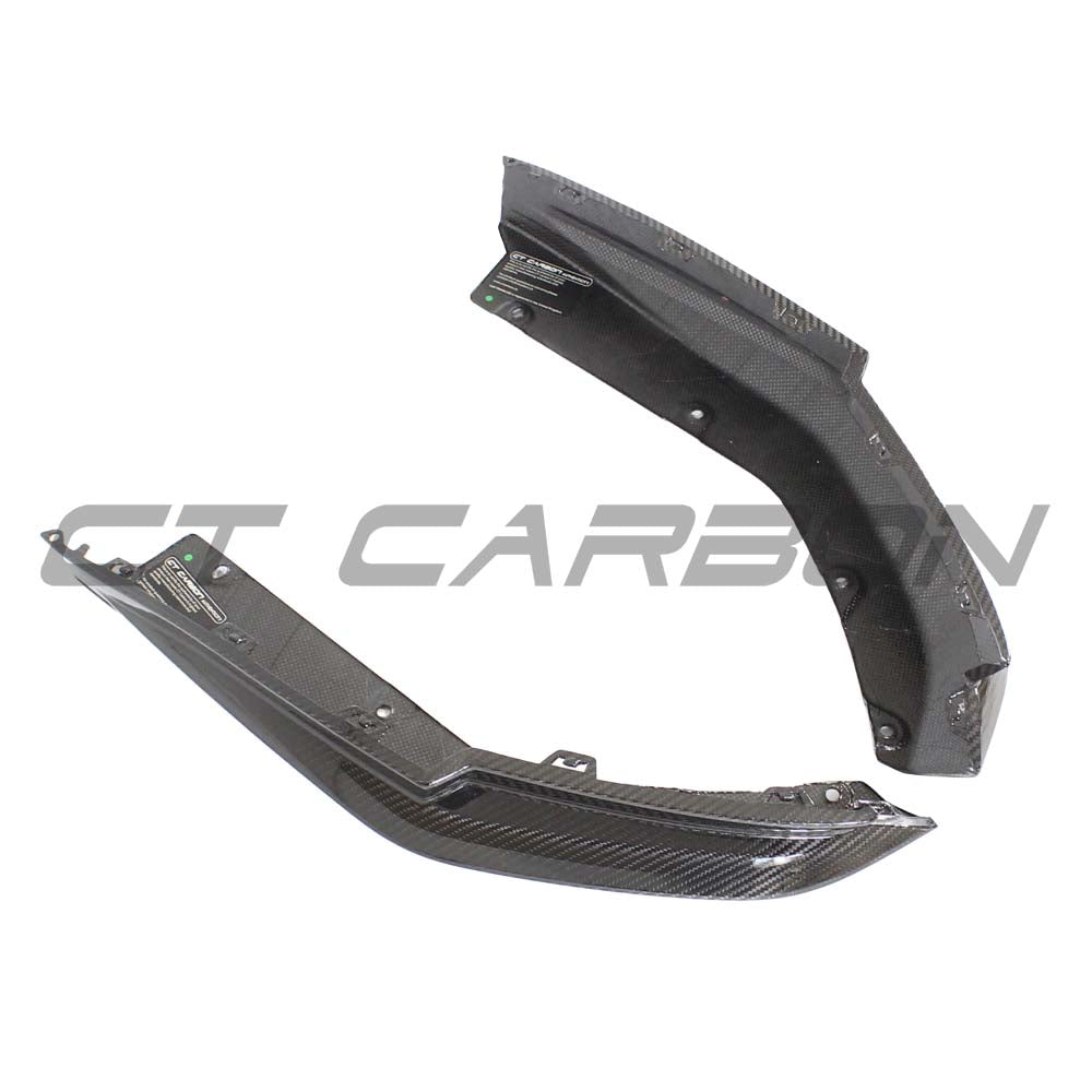 BMW M3 G80 G81 Carbon Fibre Rear Bumper Corners by CT Carbon, V2 accessories, with close-up view of sleek carbon fiber finish.