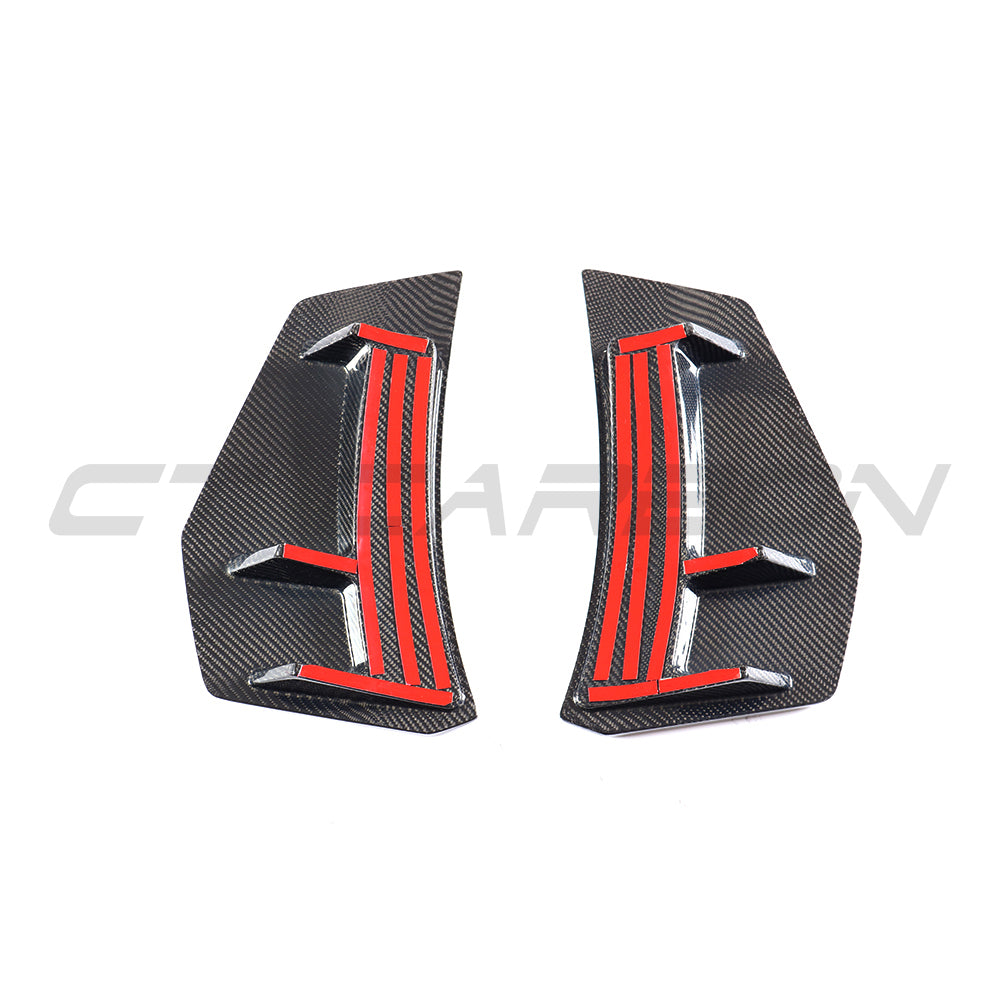 CT Carbon Audi R8 V10 Gen 2 2015-2019 carbon fiber rear bumper corners, close-up view showing sleek, high-quality automotive accessories.
