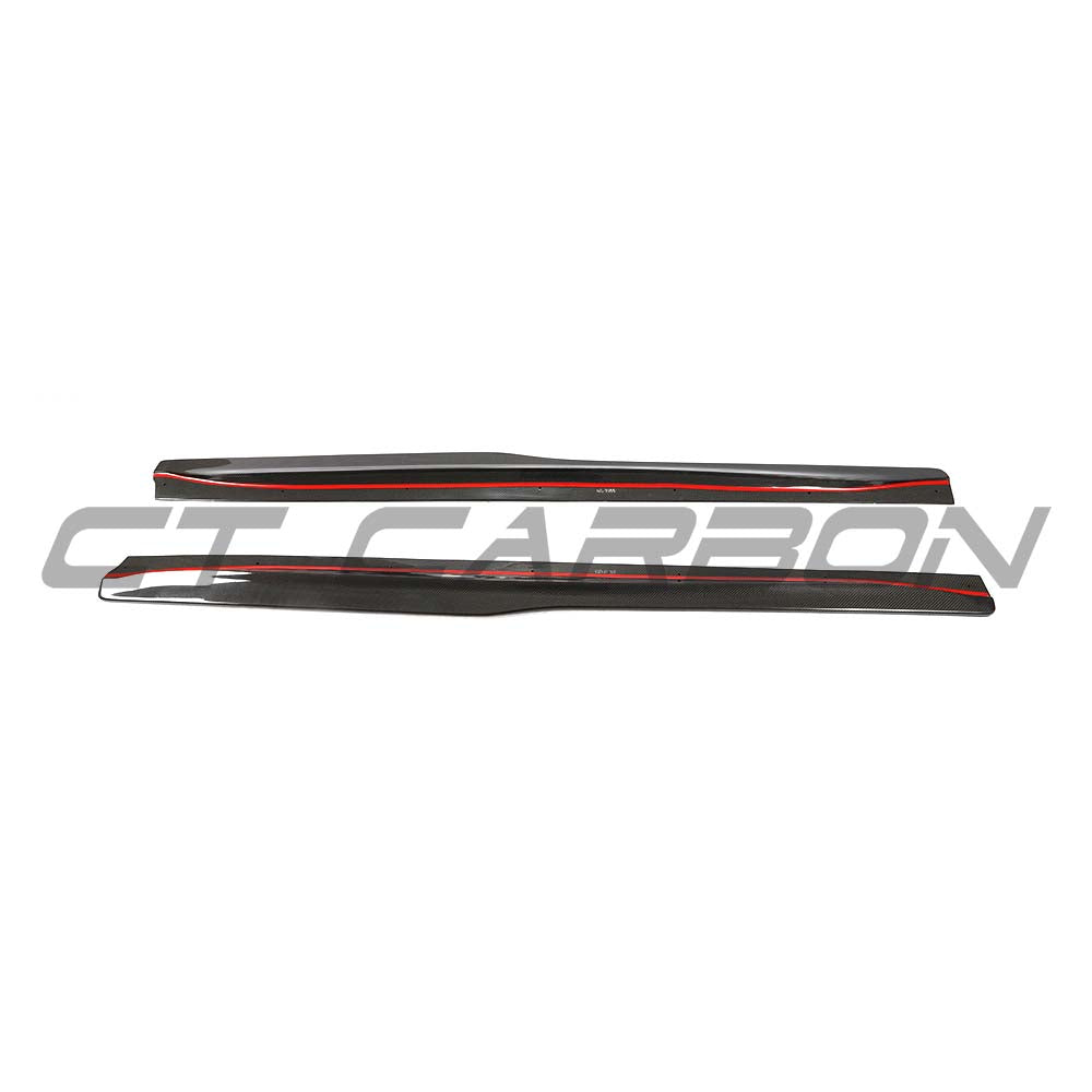 BMW F80 M3 2014-2020 carbon fibre side skirts by CT Carbon, featuring sleek V3 design and aerodynamic styling.