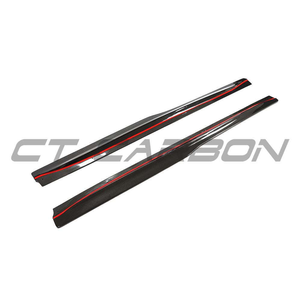 BMW F80 M3 2014-2020 carbon fibre side skirts by CT Carbon, featuring sleek V3 design on a white background.
